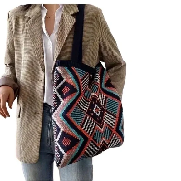Bohemian Boho Blue Geometric Tribal Pattern Knitted Shoulder Bag New without tag - Picture 2 of 8